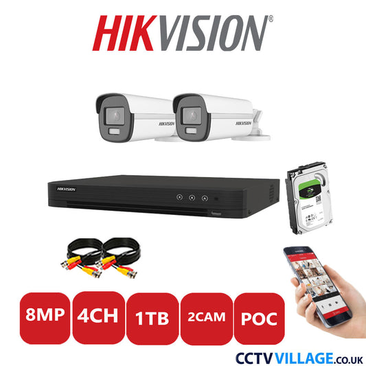 Hikvision 8MP CCTV Kit 4 Channel DVR-iDS-7204HUHI-M1/S with 2x Bullet Cameras DS-2CE12UF3T-E White 1TB HDD Full Kit