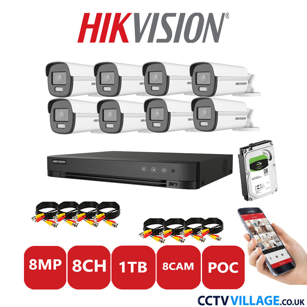 Hikvision 8MP CCTV Kit 8 Channel DVR-iDS-7208HUHI-M1/S with 8x Bullet Cameras DS-2CE12UF3T-E White 1TB HDD Full Kit