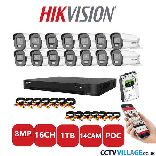 Hikvision 8MP CCTV Kit 16 Channel DVR-iDS-7216HUHI-M2/S with 14x Bullet Cameras DS-2CE12UF3T-E White 1TB HDD Full Kit