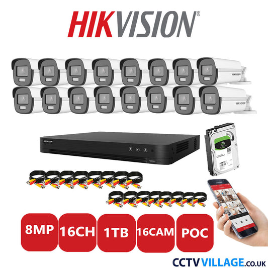 Hikvision 8MP CCTV Kit 16 Channel DVR-iDS-7216HUHI-M2/S with 16x Bullet Cameras DS-2CE12UF3T-E White 1TB HDD Full Kit