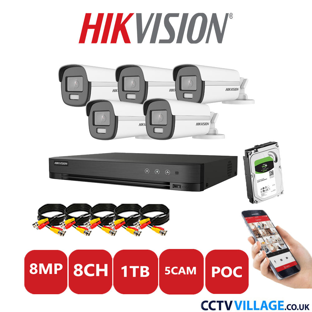 Hikvision 8MP CCTV Kit 8 Channel DVR-iDS-7208HUHI-M1/S with 5x Bullet Cameras DS-2CE12UF3T-E White 1TB HDD Full Kit