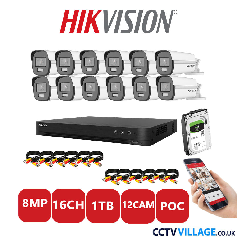 Hikvision 8MP CCTV Kit 16 Channel DVR-iDS-7216HUHI-M2/S with 12x Bullet Cameras DS-2CE12UF3T-E White 1TB HDD Full Kit