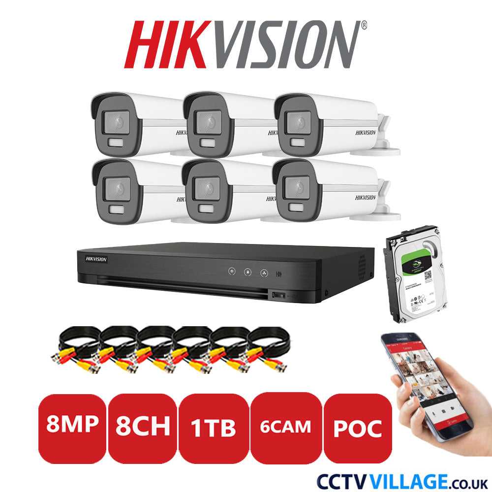 Hikvision 8MP CCTV Kit 8 Channel DVR-iDS-7208HUHI-M1/S with 6x Bullet Cameras DS-2CE12UF3T-E White 1TB HDD Full Kit