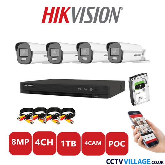 Hikvision 8MP CCTV Kit 4 Channel DVR-iDS-7204HUHI-M1/S with 4x Bullet Cameras DS-2CE12UF3T-E White 1TB HDD Full Kit