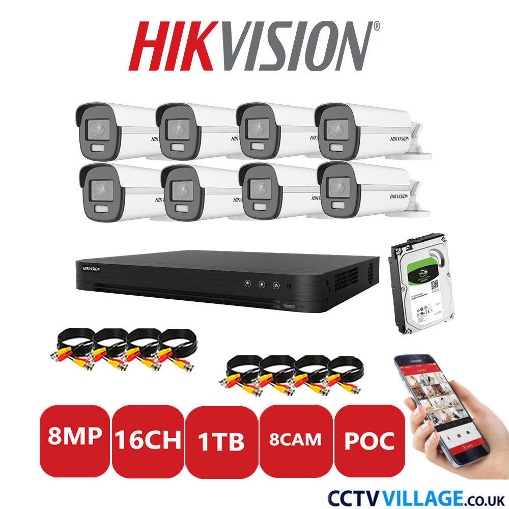 Hikvision 8MP CCTV Kit 16 Channel DVR-iDS-7216HUHI-M2/S with 8x Bullet Cameras DS-2CE12UF3T-E White 1TB HDD Full Kit