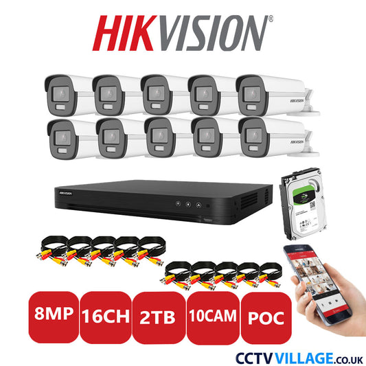 Hikvision 8MP CCTV Kit 16 Channel DVR-iDS-7216HUHI-M2/S with 10x Bullet Cameras DS-2CE12UF3T-E White 2TB HDD Full Kit