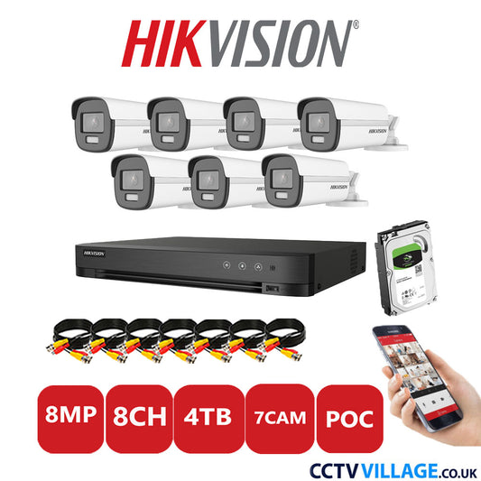 Hikvision 8MP CCTV Kit 8 Channel DVR-iDS-7208HUHI-M1/S with 7x Bullet Cameras DS-2CE12UF3T-E White 4TB HDD Full Kit