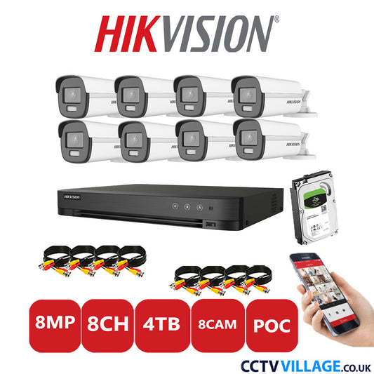 Hikvision 8MP CCTV Kit 8 Channel DVR-iDS-7208HUHI-M1/S with 8x Bullet Cameras DS-2CE12UF3T-E White 4TB HDD Full Kit