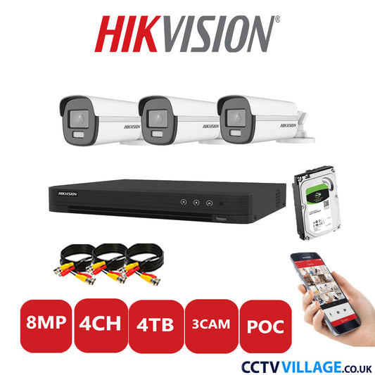 Hikvision 8MP CCTV Kit 4 Channel DVR-iDS-7204HUHI-M1/S with 3x Bullet Cameras DS-2CE12UF3T-E White 4TB HDD Full Kit