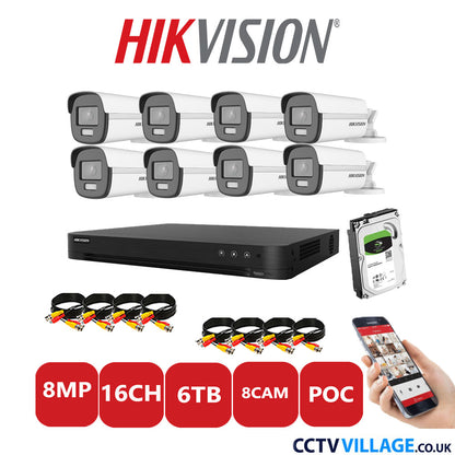 Hikvision 8MP CCTV System 16 Channel DVR-iDS-7216HUHI-M2/S with 8x Bullet Cameras DS-2CE12UF3T-E White 6TB HDD Full Kit