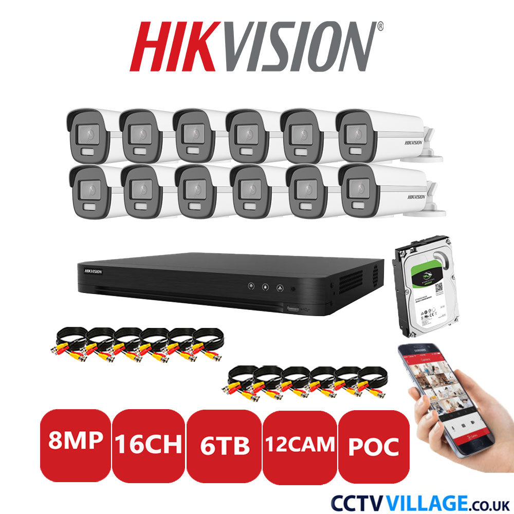 Hikvision 8MP CCTV Kit 16 Channel DVR-iDS-7216HUHI-M2/S with 12x Bullet Cameras DS-2CE12UF3T-E White 6TB HDD Full Kit