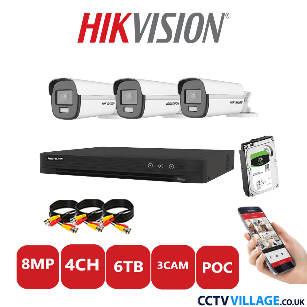 Hikvision 8MP CCTV Kit 4 Channel DVR-iDS-7204HUHI-M1/S with 3x Bullet Cameras DS-2CE12UF3T-E White 6TB HDD Full Kit