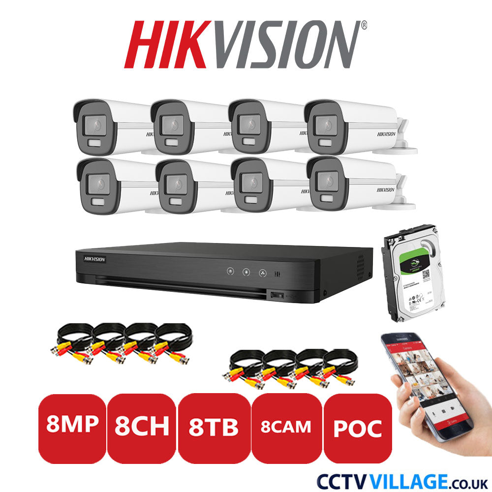 Hikvision 8MP CCTV Kit 8 Channel DVR-iDS-7208HUHI-M1/S with 8x Bullet Cameras DS-2CE12UF3T-E White 8TB HDD Full Kit