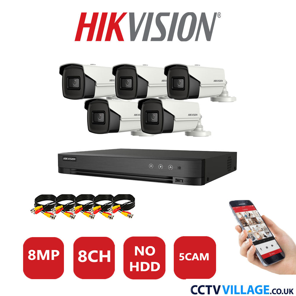 Hikvision 8MP CCTV Kit 8 Channel DVR-iDS-7208HUHI-M1/S with 5x Bullet Cameras DS-2CE16UIT-IT3F White No HDD Full Kit