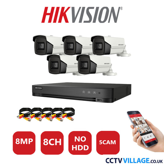 Hikvision 8MP CCTV Kit 8 Channel DVR-iDS-7208HUHI-M1/S with 5x Bullet Cameras DS-2CE16UIT-IT3F White No HDD Full Kit