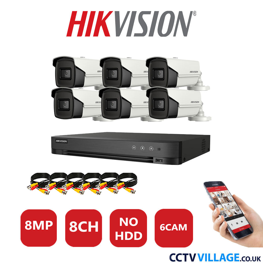 Hikvision 8MP CCTV Kit 8 Channel DVR-iDS-7208HUHI-M1/S with 6x Bullet  Cameras DS-2CE16UIT-IT3F White No HDD Full Kit