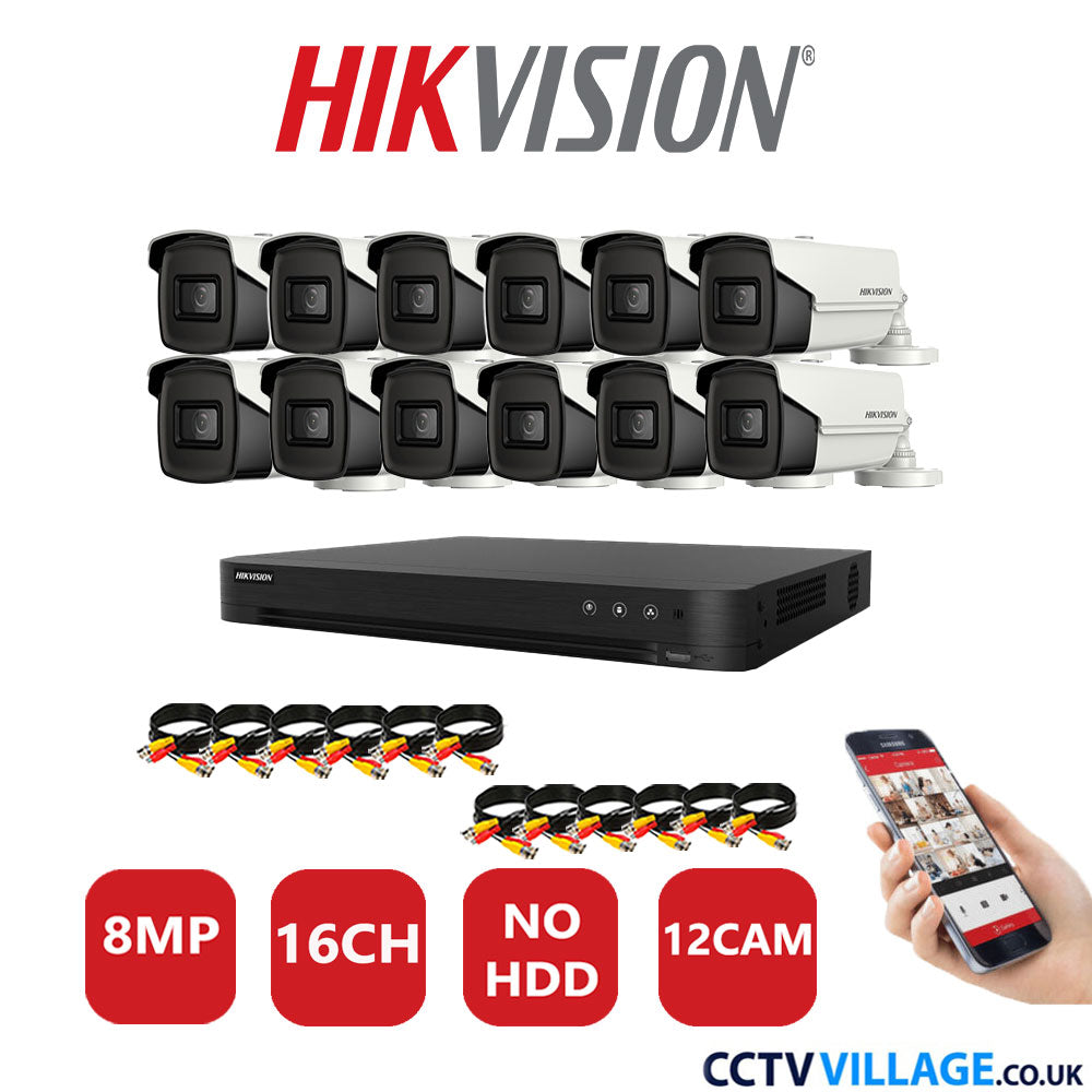 Hikvision 8MP CCTV System 16 Channel DVR-iDS-7216HUHI-M2/S with 12x Bullet Cameras DS-2CE16U1T-IT3F White No HDD Full Kit