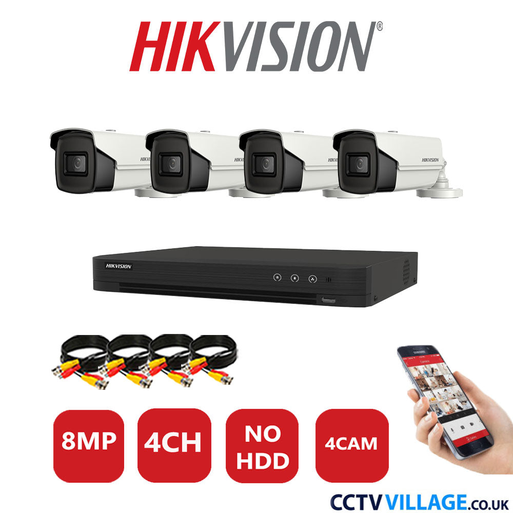 Hikvision 8MP CCTV Kit 4 Channel DVR-iDS-7204HUHI-M1/S with 4x Bullet Cameras DS-2CE16U1T-IT3F White NO HDD Full Kit