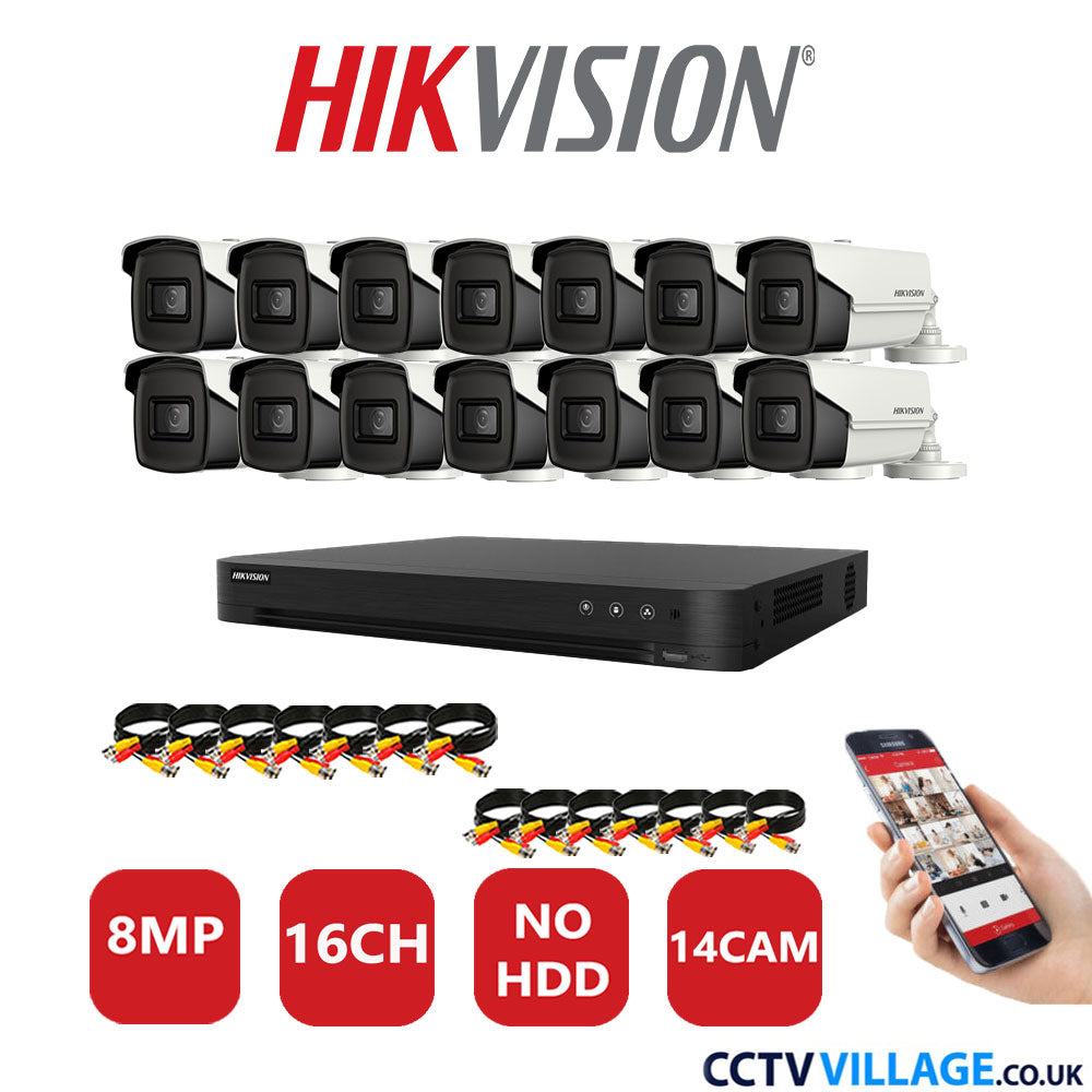 Hikvision 8MP CCTV Kit 16 Channel DVR-iDS-7216HUHI-M2/S with 14x Bullet Cameras DS-2CE16U1T-IT3F White No HDD Full Kit