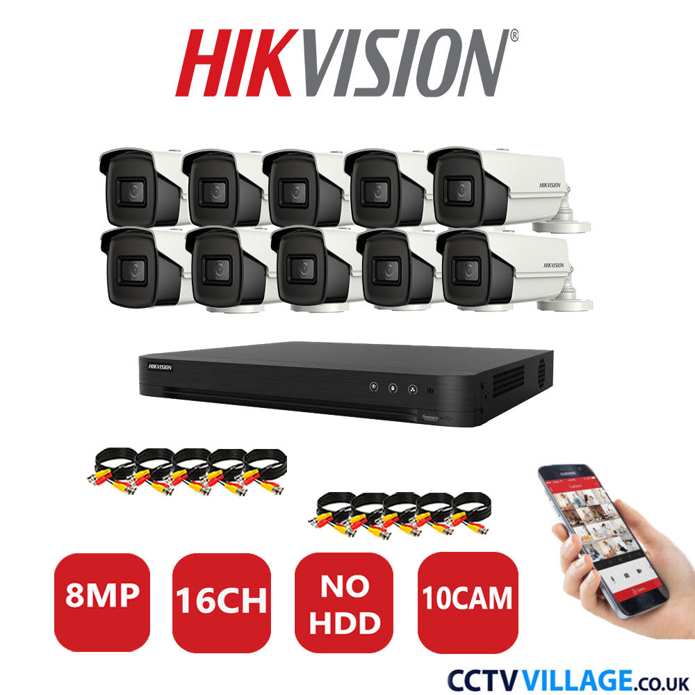 Hikvision 8MP CCTV Kit 16 Channel DVR-iDS-7216HUHI-M2/S with 10x Bullet Cameras DS-2CE16U1T-IT3F White No HDD Full Kit