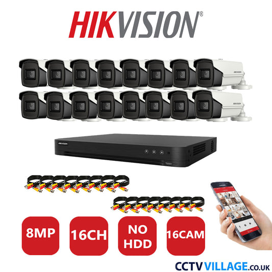 Hikvision 8MP CCTV Kit 16 Channel DVR-iDS-7216HUHI-M2/S with 16x Bullet Cameras DS-2CE16U1T-IT3F White No HDD Full Kit