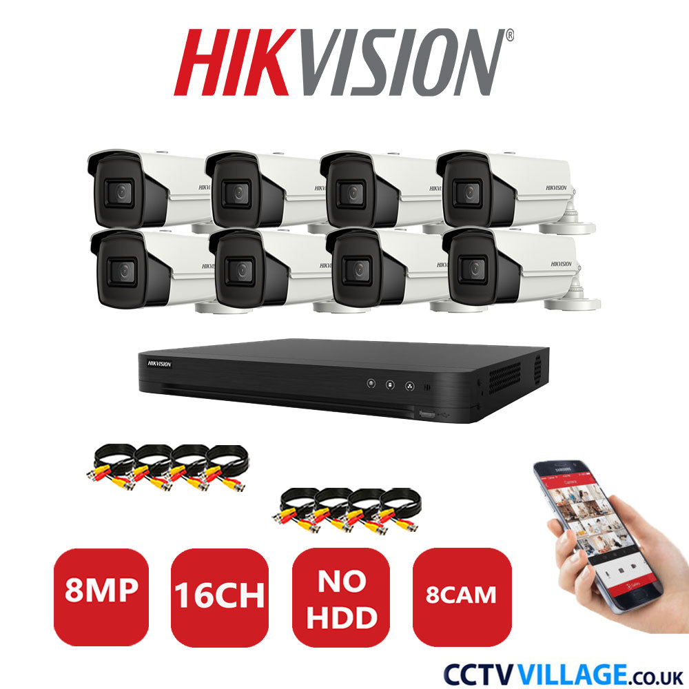 Hikvision 8MP CCTV Kit 16 Channel DVR-iDS-7216HUHI-M2/S with 8x Bullet Cameras DS-2CE16U1T-IT3F White No HDD Full Kit