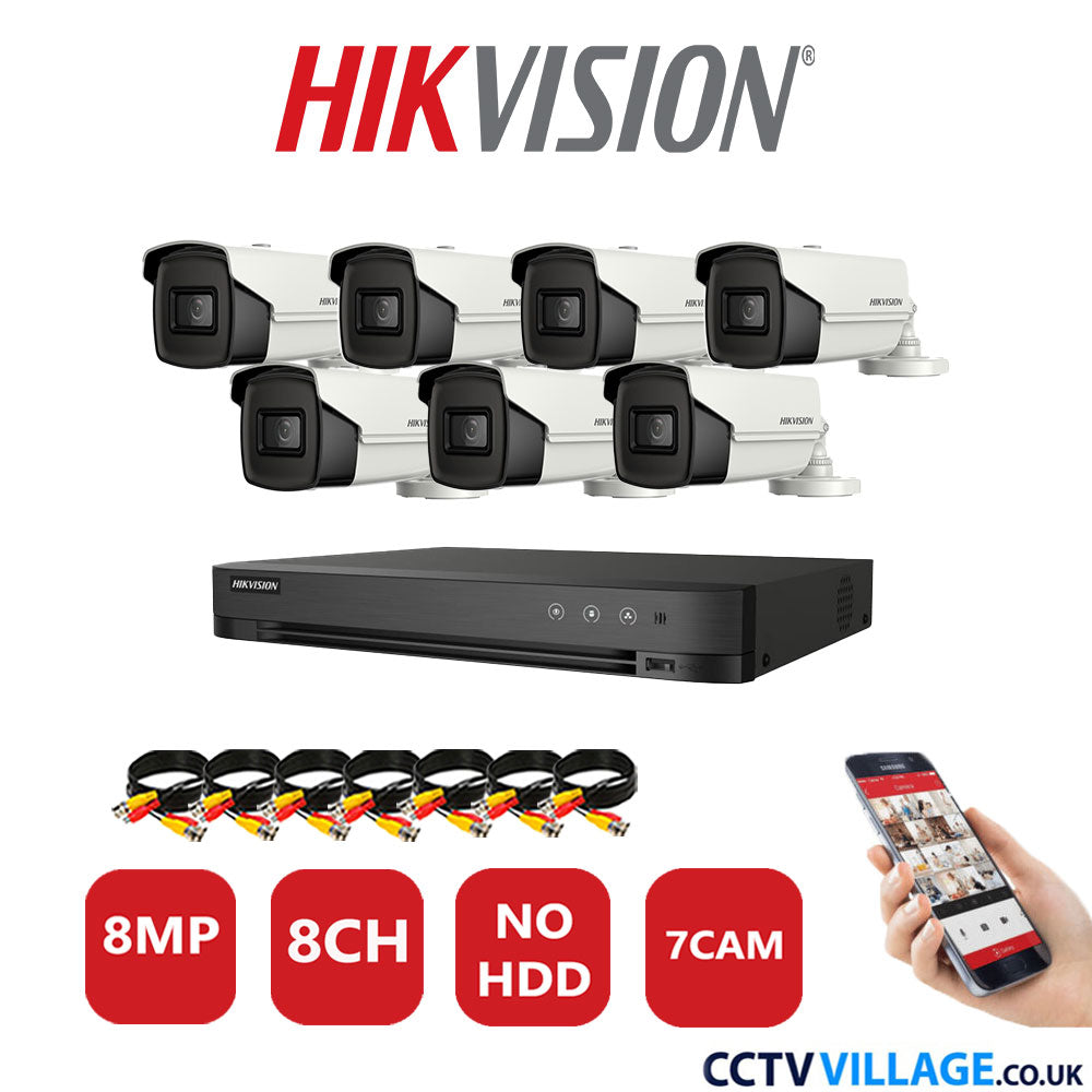 Hikvision 8MP CCTV Kit 8 Channel DVR-iDS-7208HUHI-M1/S with 7x Bullet Cameras DS-2CE16UIT-IT3F White No HDD Full Kit