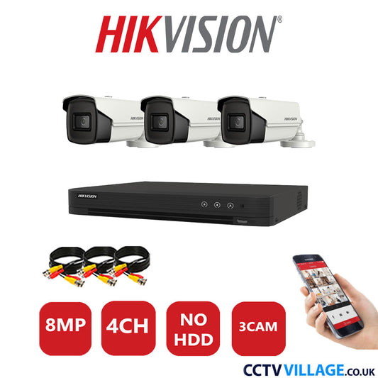 Hikvision 8MP CCTV Kit 4 Channel DVR-iDS-7204HUHI-M1/S with 3x Bullet Cameras DS-2CE16U1T-IT3F White NO HDD Full Kit