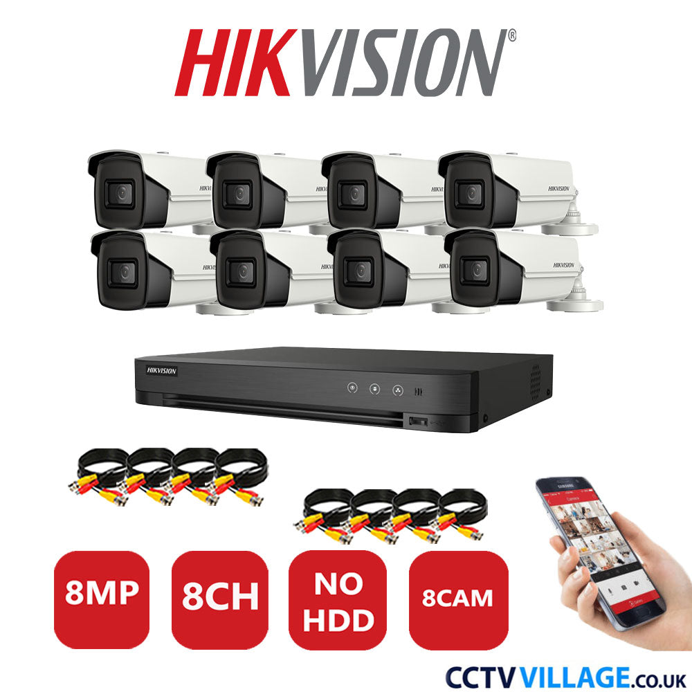 Hikvision 8MP CCTV Kit 8 Channel DVR-iDS-7208HUHI-M1/S with 8x Bullet Cameras DS-2CE16UIT-IT3F White No HDD Full Kit