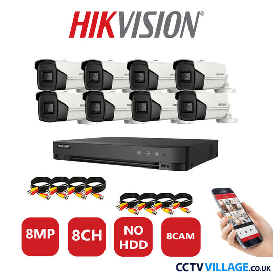 Hikvision 8MP CCTV Kit 8 Channel DVR-iDS-7208HUHI-M1/S with 8x Bullet Cameras DS-2CE16UIT-IT3F White No HDD Full Kit