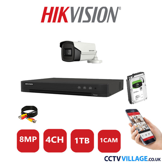 Hikvision 8MP CCTV Kit 4 Channel DVR-iDS-7204HUHI-M1/S with 1x Bullet Camera DS-2CE16U1T-IT3F White 1TB HDD Full Kit