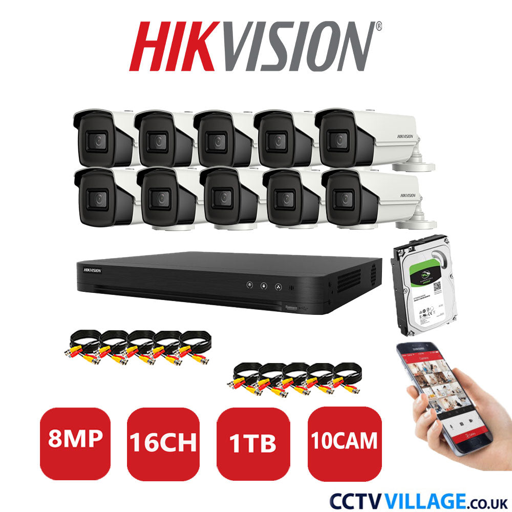 Hikvision 8MP CCTV System 16 Channel DVR-iDS-7216HUHI-M2/S with 10x Bullet Cameras DS-2CE16U1T-IT3F White 1TB HDD Full Kit