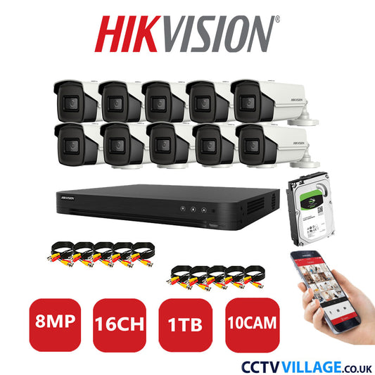 Hikvision 8MP CCTV Kit 16 Channel DVR-iDS-7216HUHI-M2/S with 10x Bullet Cameras DS-2CE16U1T-IT3F White 1TB HDD Full Kit