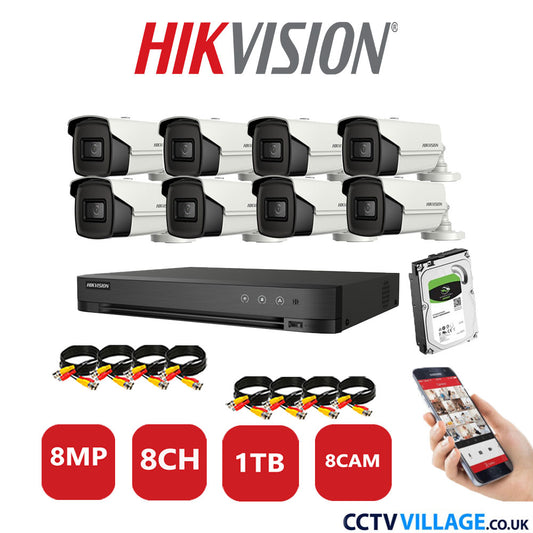 Hikvision 8MP CCTV Kit 8 Channel DVR-iDS-7208HUHI-M1/S with 8x Bullet Cameras DS-2CE16UIT-IT3F White 1TB HDD Full Kit