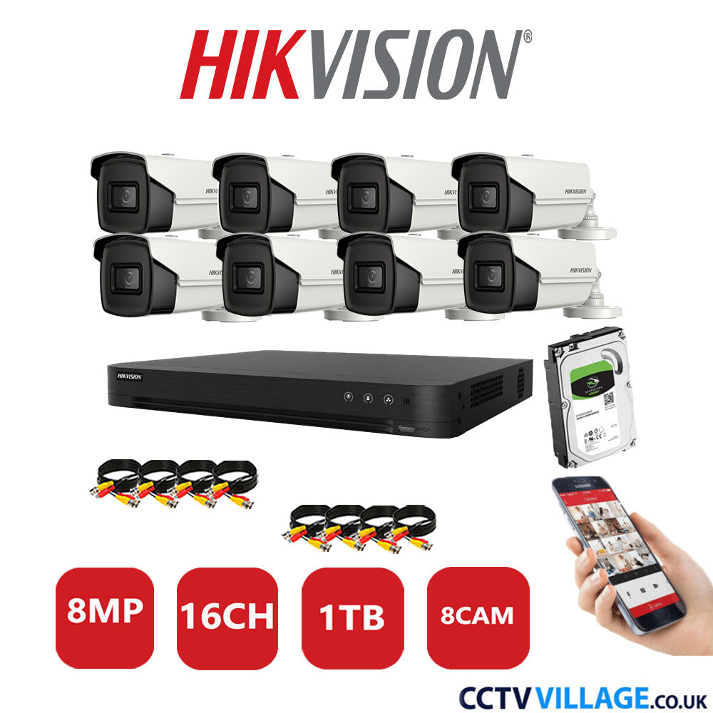 Hikvision 8MP CCTV Kit 16 Channel DVR-iDS-7216HUHI-M2/S with 8x Bullet Cameras DS-2CE16U1T-IT3F White 1TB HDD Full Kit