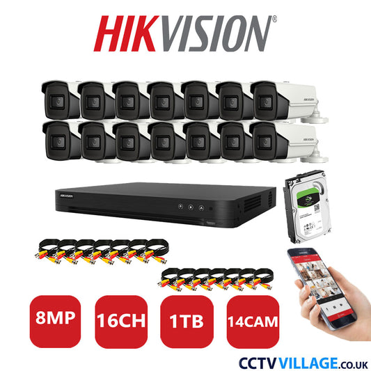 Hikvision 8MP CCTV Kit 16 Channel DVR-iDS-7216HUHI-M2/S with 14x Bullet Cameras DS-2CE16U1T-IT3F White 1TB HDD Full Kit