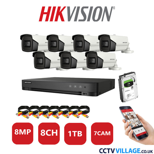 Hikvision 8MP CCTV Kit 8 Channel DVR-iDS-7208HUHI-M1/S with 7x Bullet Cameras DS-2CE16UIT-IT3F White 1TB HDD Full Kit