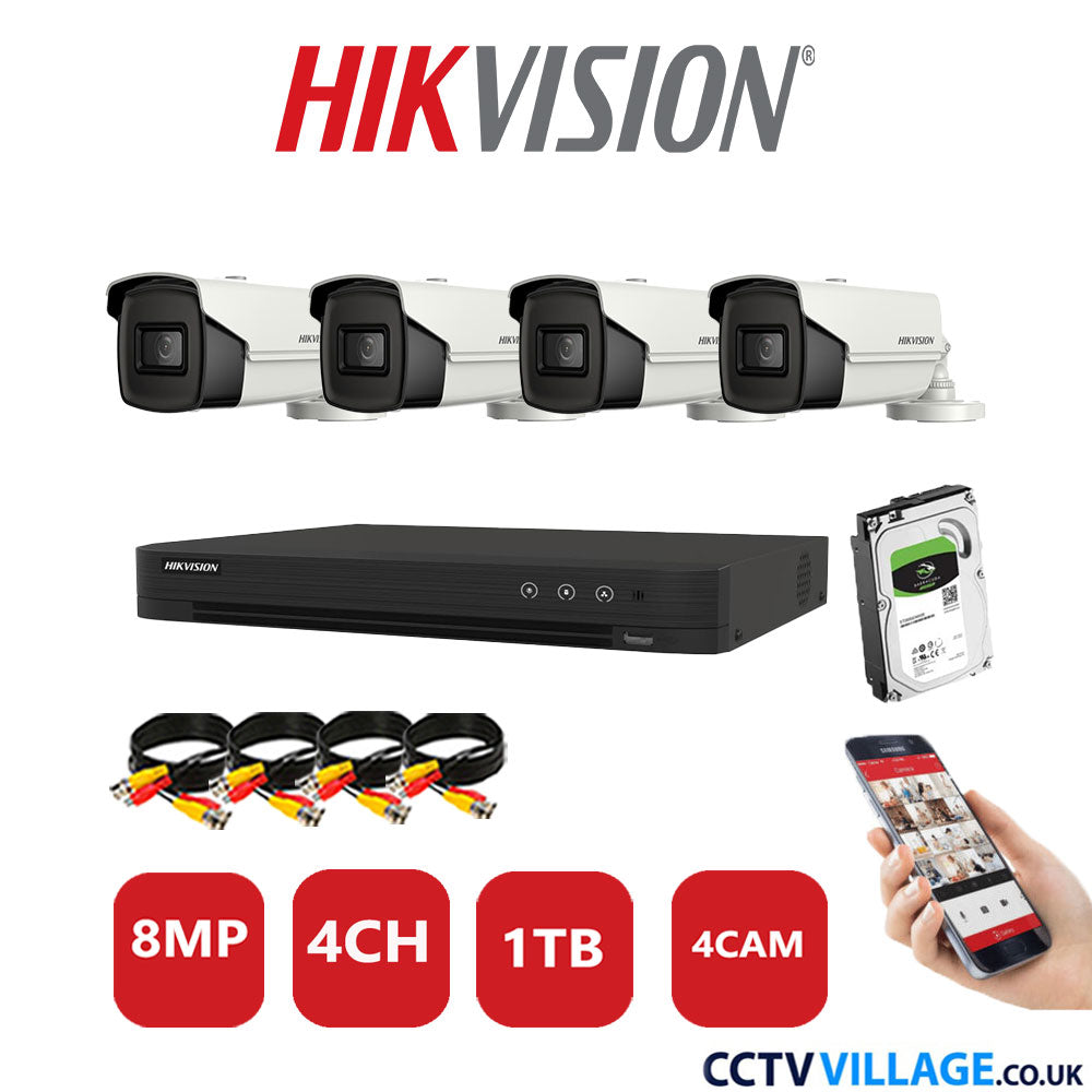 Hikvision 8MP CCTV Kit 4 Channel DVR-iDS-7204HUHI-M1/S with 4x Bullet Cameras DS-2CE16U1T-IT3F White 1TB HDD Full Kit