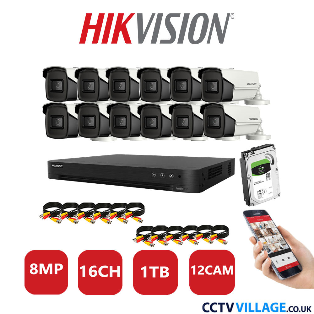 Hikvision 8MP CCTV Kit 16 Channel DVR-iDS-7216HUHI-M2/S with 12x Bullet Cameras DS-2CE16U1T-IT3F White 1TB HDD Full Kit