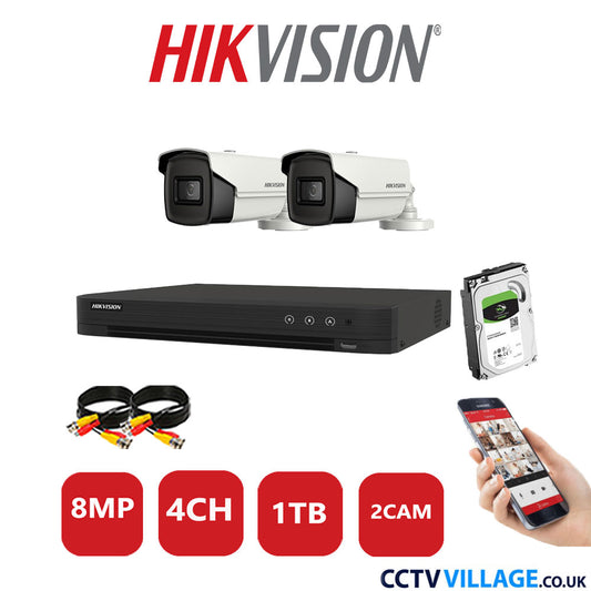 Hikvision 8MP CCTV Kit 4 Channel DVR-iDS-7204HUHI-M1/S with 2x Bullet Cameras DS-2CE16U1T-IT3F White 1TB HDD Full Kit