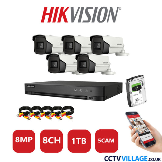 Hikvision 8MP CCTV System 8 Channel DVR-iDS-7208HUHI-M1/S with 5x Bullet Cameras DS-2CE16U1T-IT3F White 1TB HDD Full Kit