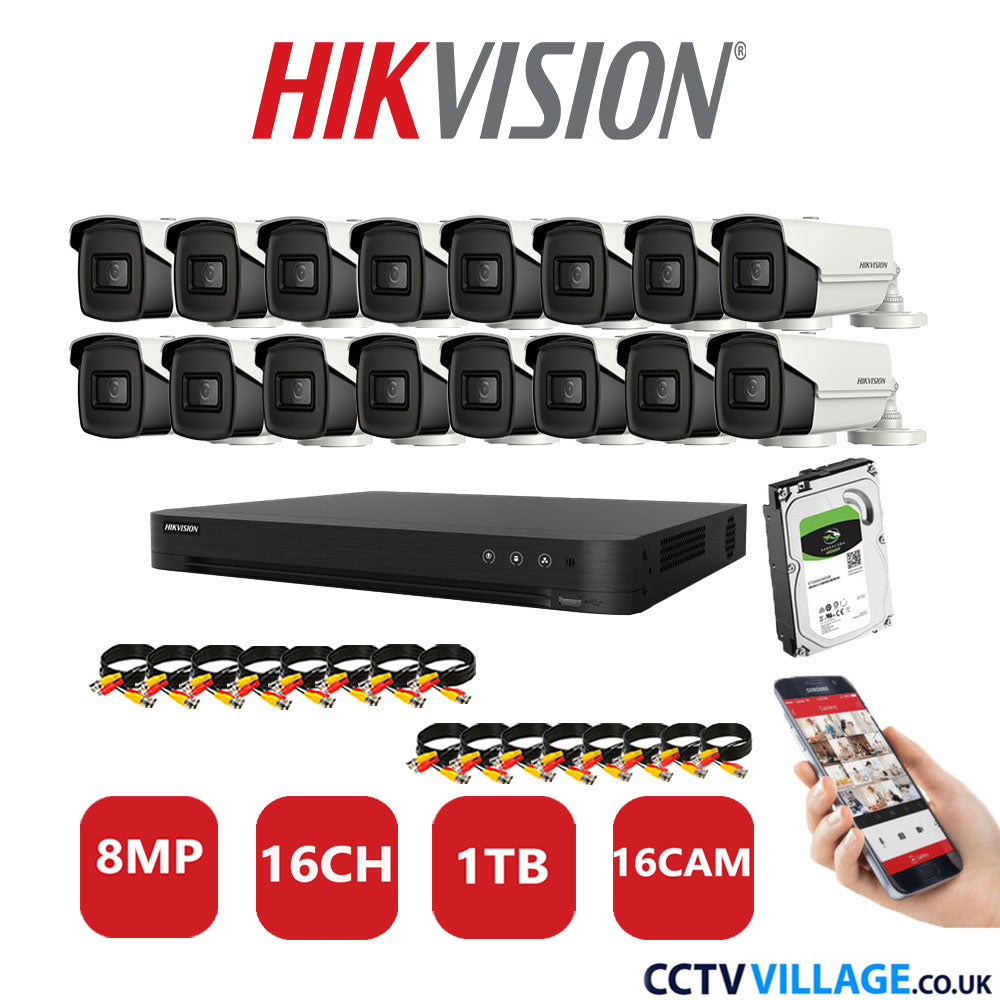 Hikvision 8MP CCTV System 16 Channel DVR-iDS-7216HUHI-M2/S with 16x Bullet Cameras DS-2CE16U1T-IT3F White 1TB HDD Full Kit