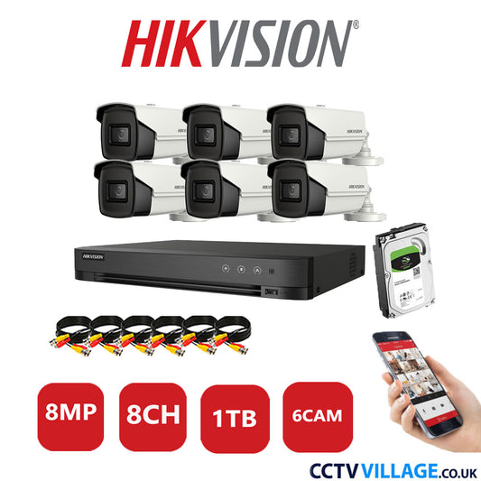 Hikvision 8MP CCTV Kit 8 Channel DVR-iDS-7208HUHI-M1/S with 6x Bullet Cameras DS-2CE16UIT-IT3F White 1TB HDD Full Kit