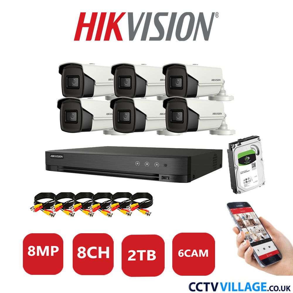 Hikvision 8MP CCTV Kit 8 Channel DVR-iDS-7208HUHI-M1/S with 6x Bullet Cameras DS-2CE16UIT-IT3F White 2TB HDD Full Kit