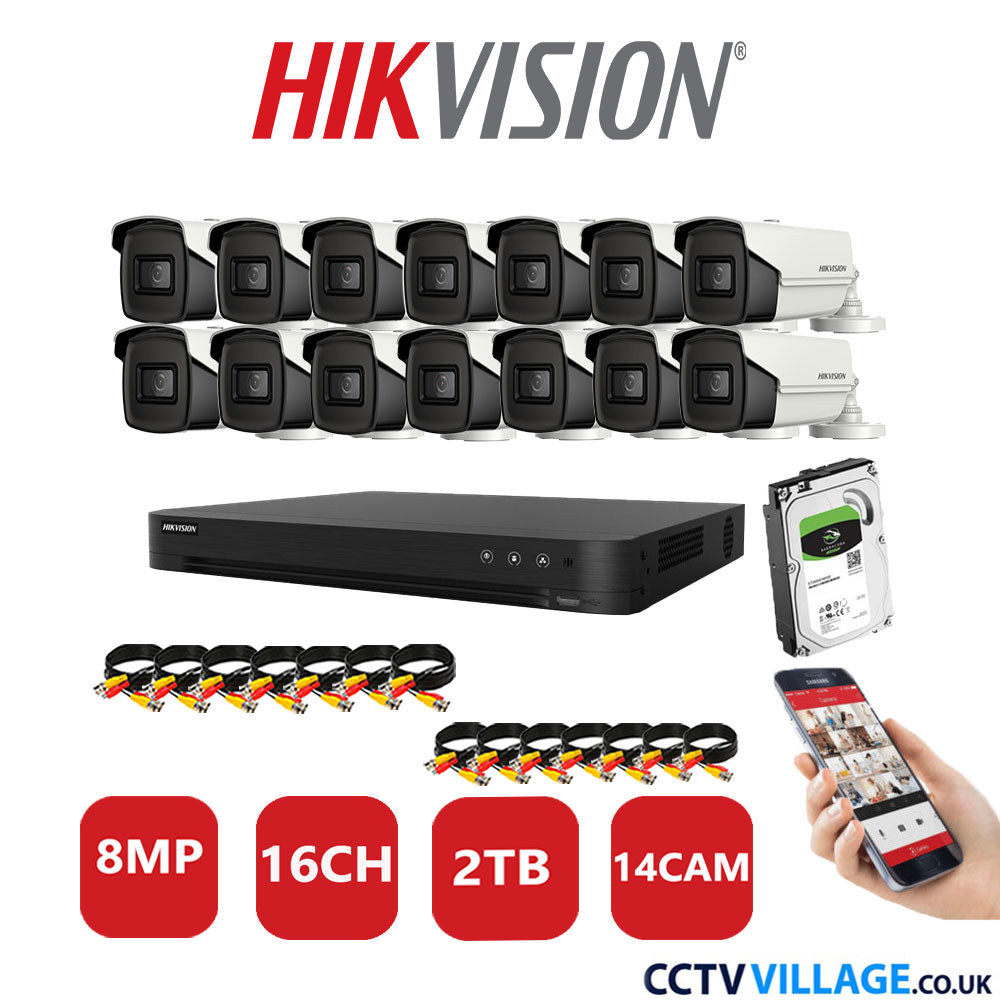 Hikvision 8MP CCTV Kit 16 Channel DVR-iDS-7216HUHI-M2/S with 14x Bullet Cameras DS-2CE16U1T-IT3F White 2TB HDD Full Kit