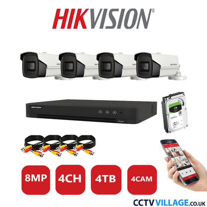 Hikvision 8MP CCTV System 4 Channel DVR-iDS-7204HUHI-M1/S with 4x Bullet Cameras DS-2CE16U1T-IT3F White 4TB HDD Full Kit