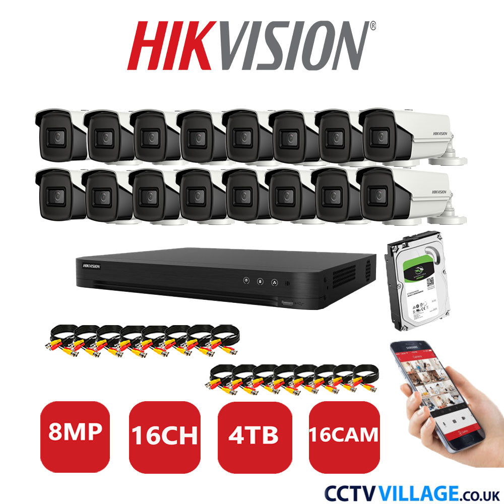 Hikvision 8MP CCTV Kit 16 Channel DVR-iDS-7216HUHI-M2/S with 16x Bullet Cameras DS-2CE16U1T-IT3F White 4TB HDD Full Kit