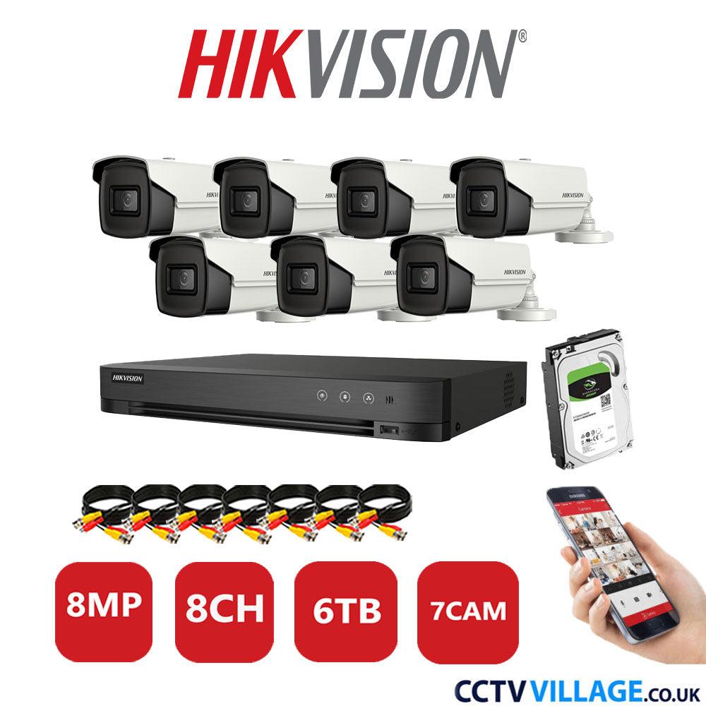 Hikvision 8MP CCTV Kit 8 Channel DVR-iDS-7208HUHI-M1/S with 7x Bullet Cameras DS-2CE16UIT-IT3F White 6TB HDD Full Kit