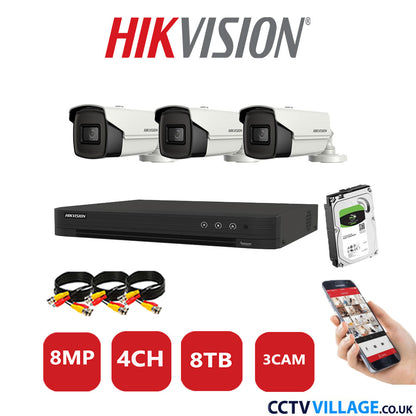Hikvision 8MP CCTV System 4 Channel DVR-iDS-7204HUHI-M1/S with 3x Bullet Cameras DS-2CE16U1T-IT3F White 8TB HDD Full Kit