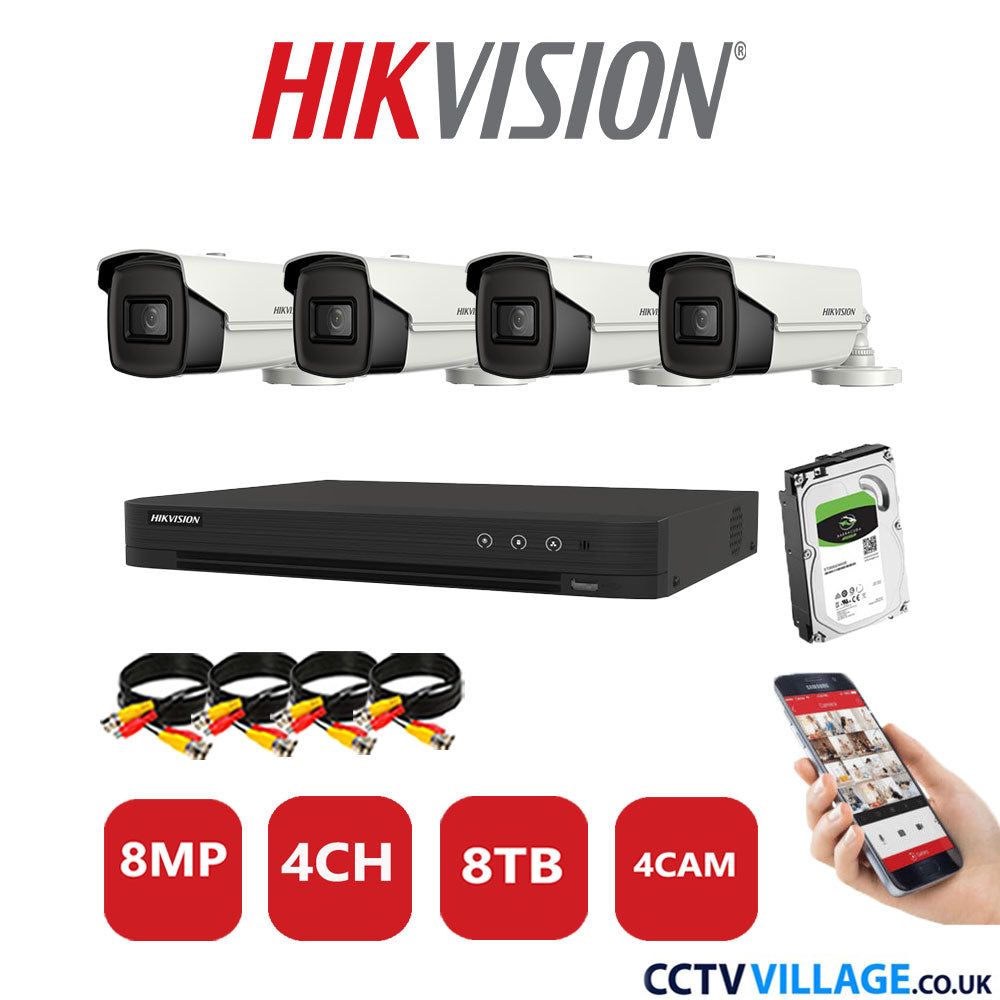 Hikvision 8MP CCTV Kit 4 Channel DVR-iDS-7204HUHI-M1/S with 4x Bullet Cameras DS-2CE16U1T-IT3F White 8TB HDD Full Kit